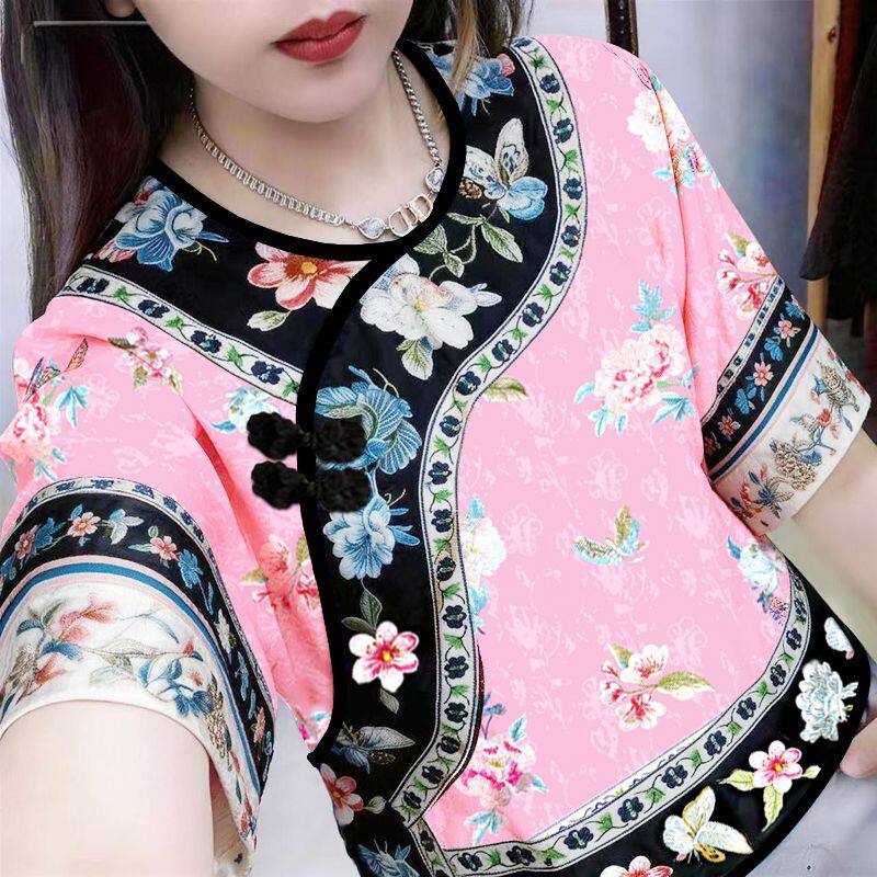复古新中式花卉改良女款2026T恤