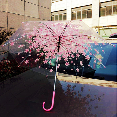 粉色长柄自动道具透明雨伞