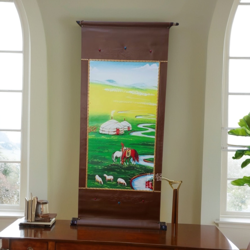 蒙古元素挂画装饰画竖版高档次卷轴画动物风景民族特色挂墙皮画图片