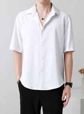 短袖衬衫男士潮流休闲宽松衬衣痞帅百搭纯色港风宽松冰丝坠感衬衣