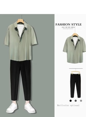 夏季男士新款垂感免烫衬衫男短袖ins港风无痕宽松半袖衬衣黑色衣