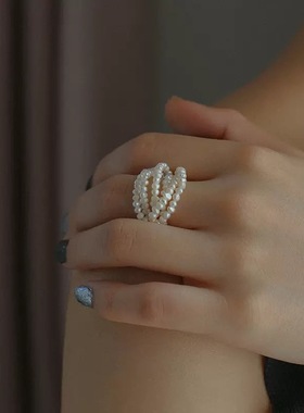 编织多层小米珠戒指百搭小仙女淡水珍珠戒指