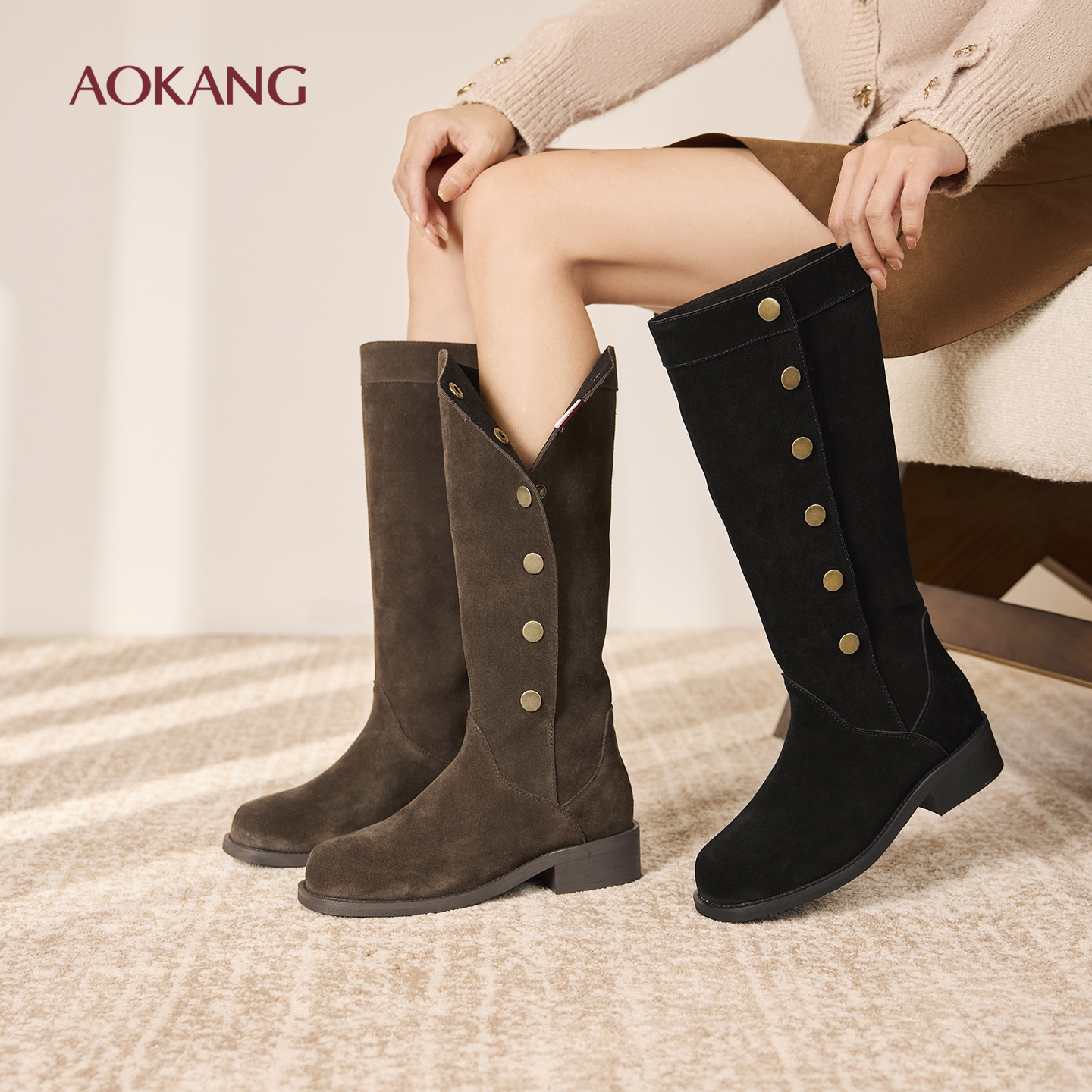 奥康 女鞋2025冬季时装靴长靴气质粗跟长筒靴女靴子显瘦高靴