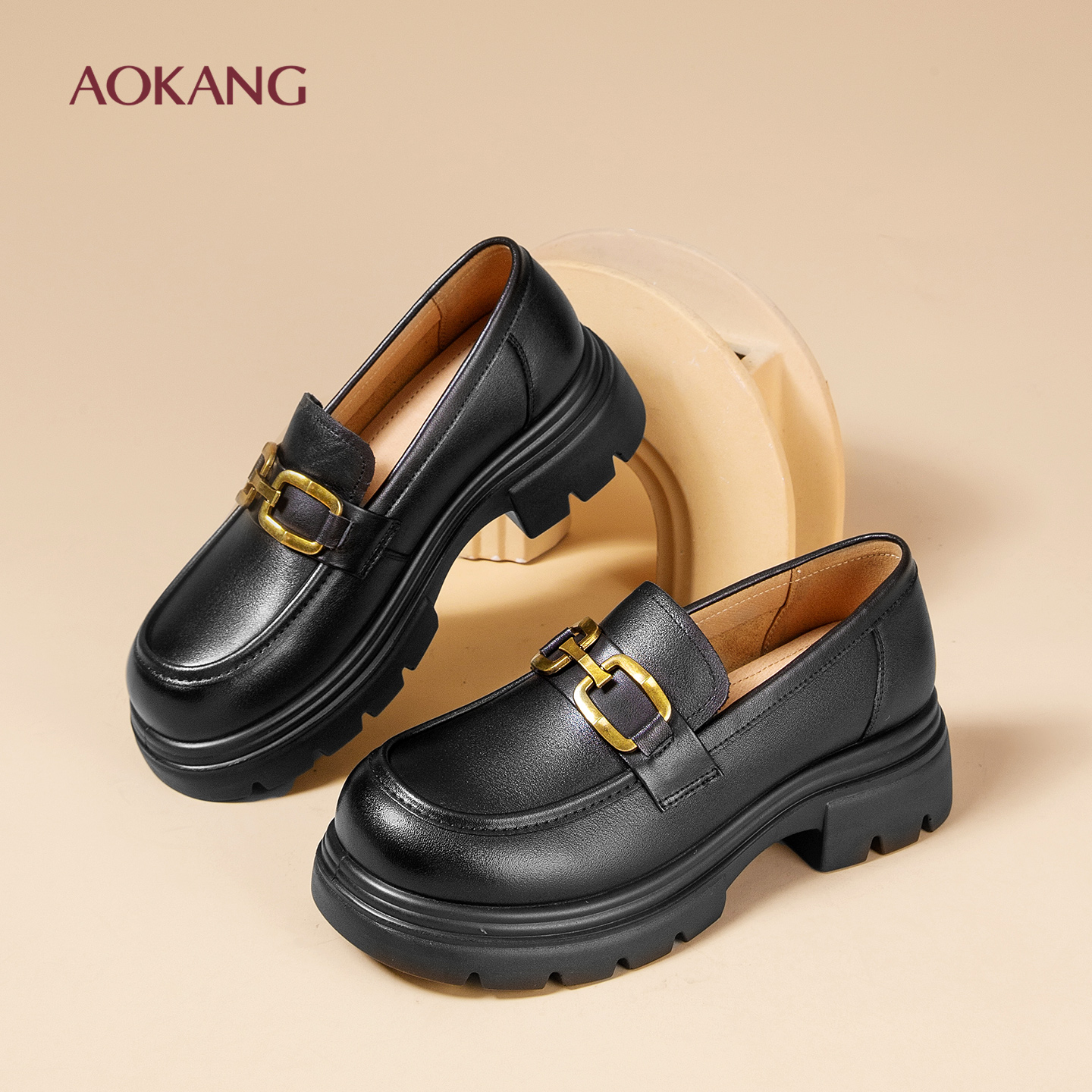 奥康 女鞋2025秋季新款厚底增高通勤乐福鞋女真皮粗跟高跟单鞋N