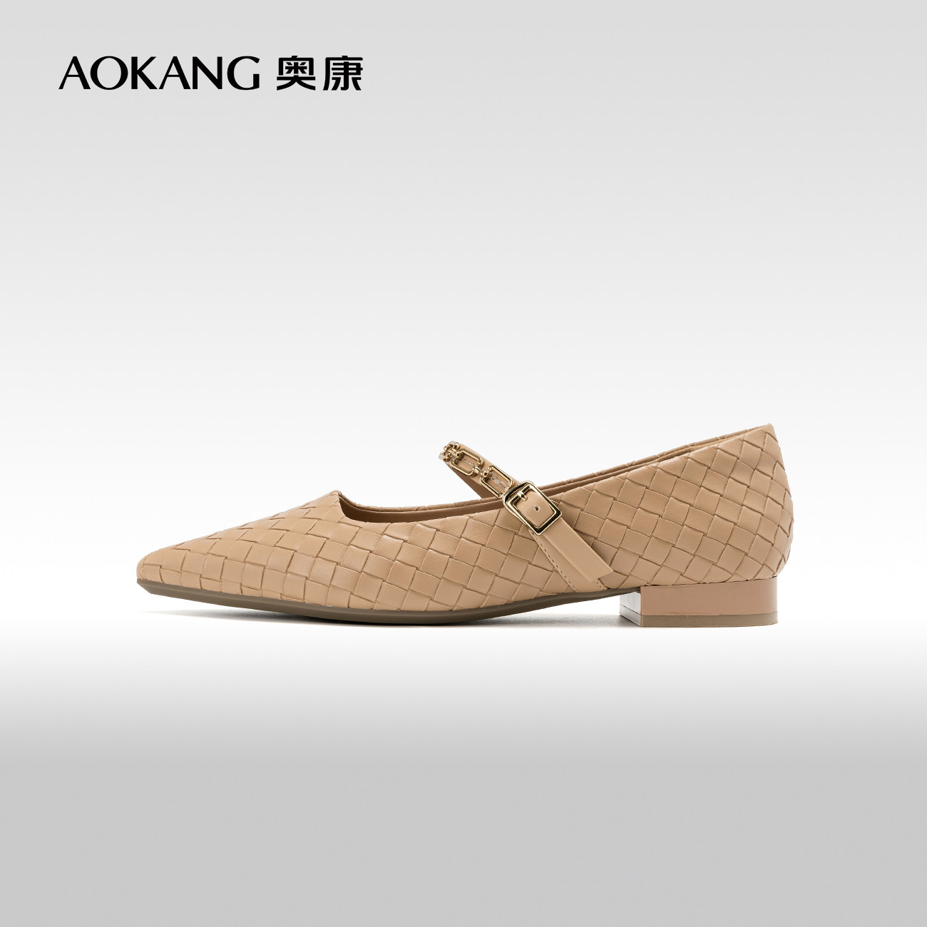 奥康女鞋 2024春季新款编织鞋面时尚尖头浅口单鞋粗低跟通勤单鞋