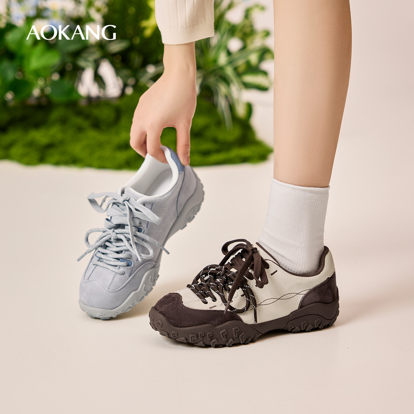 奥康 女鞋2026春季新款德训阿甘休闲鞋增高厚底休闲棕色运动鞋女