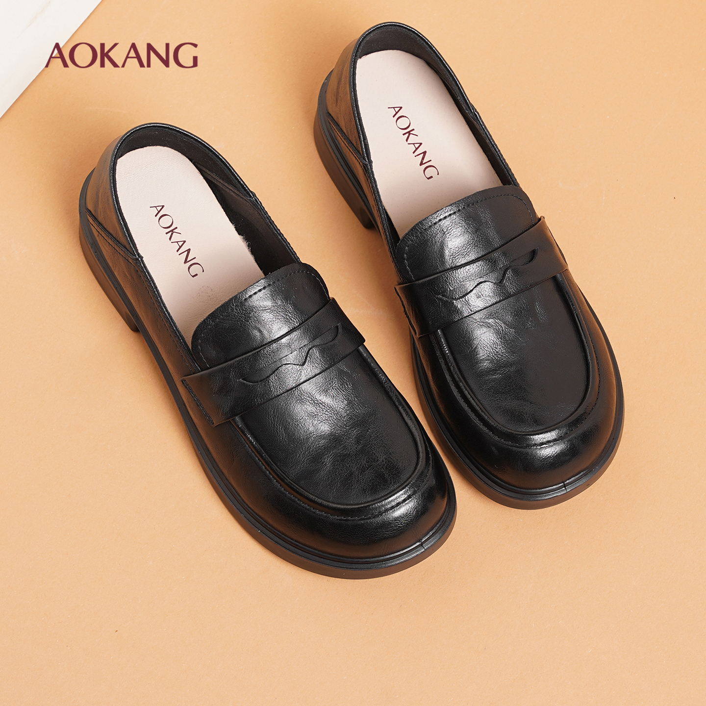 奥康 女鞋秋季舒适软底厚底乐福鞋女英伦风小皮鞋百搭休闲女单鞋L