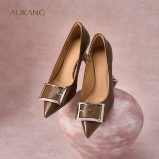 奥康女鞋2025年春季新款浅口单鞋尖头方扣细高跟鞋气质OL通勤皮鞋