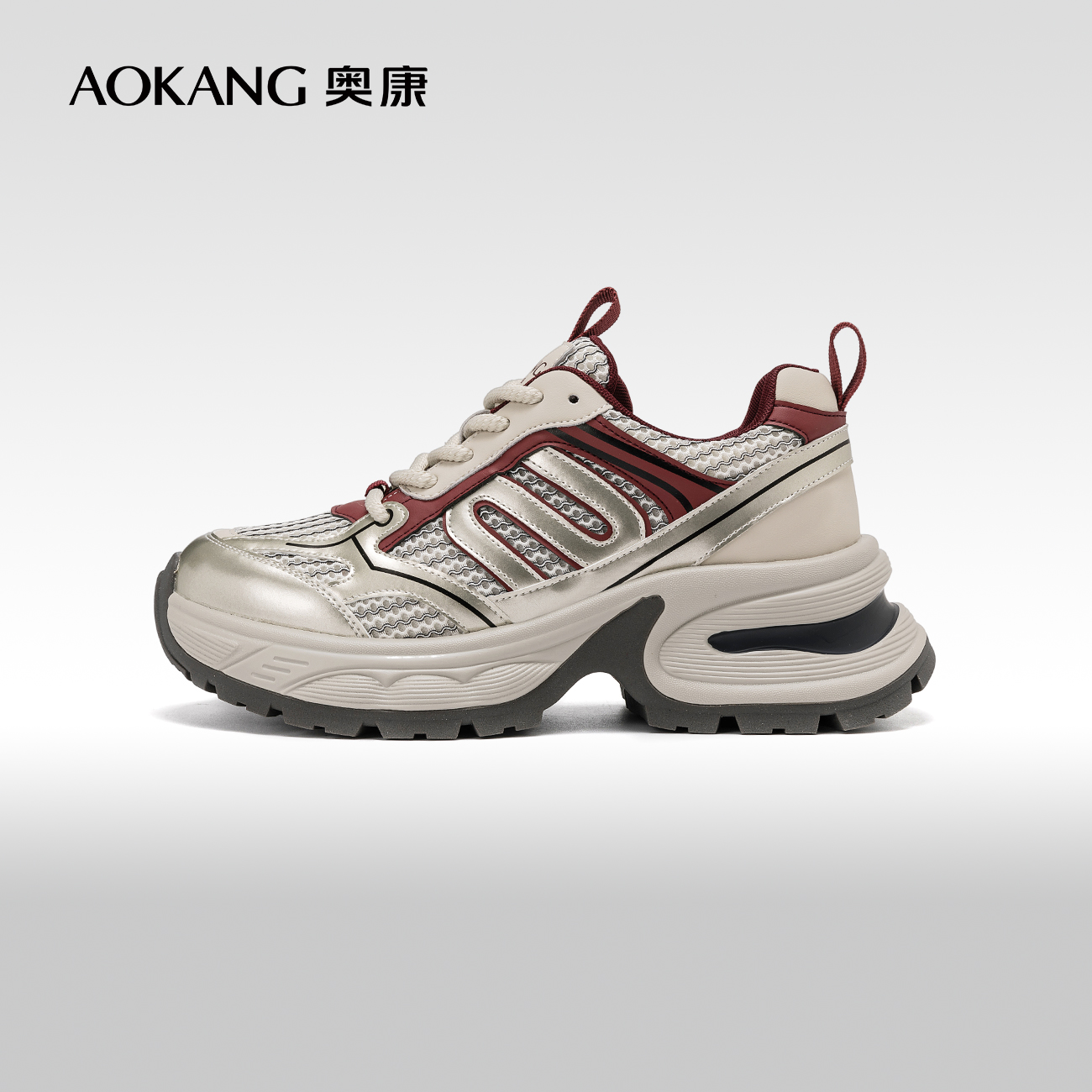 美式Aokang透气银色复古运动女鞋秋季2025新品休闲鞋满就送推荐新
