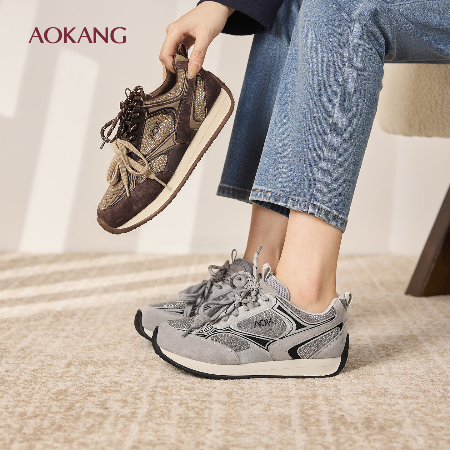 奥康 女鞋春秋新款网面透气双鞋带老爹鞋休闲运动鞋门店发货