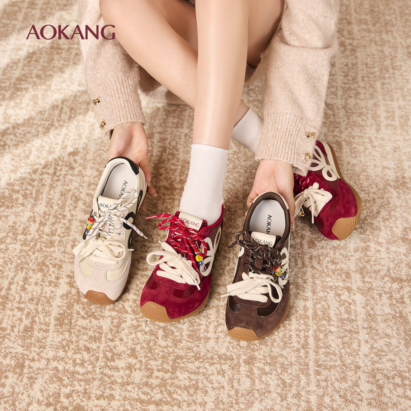 奥康 女鞋2025秋季小歪头鸳鸯鞋带休闲鞋德训鞋女阿甘鞋门店发货