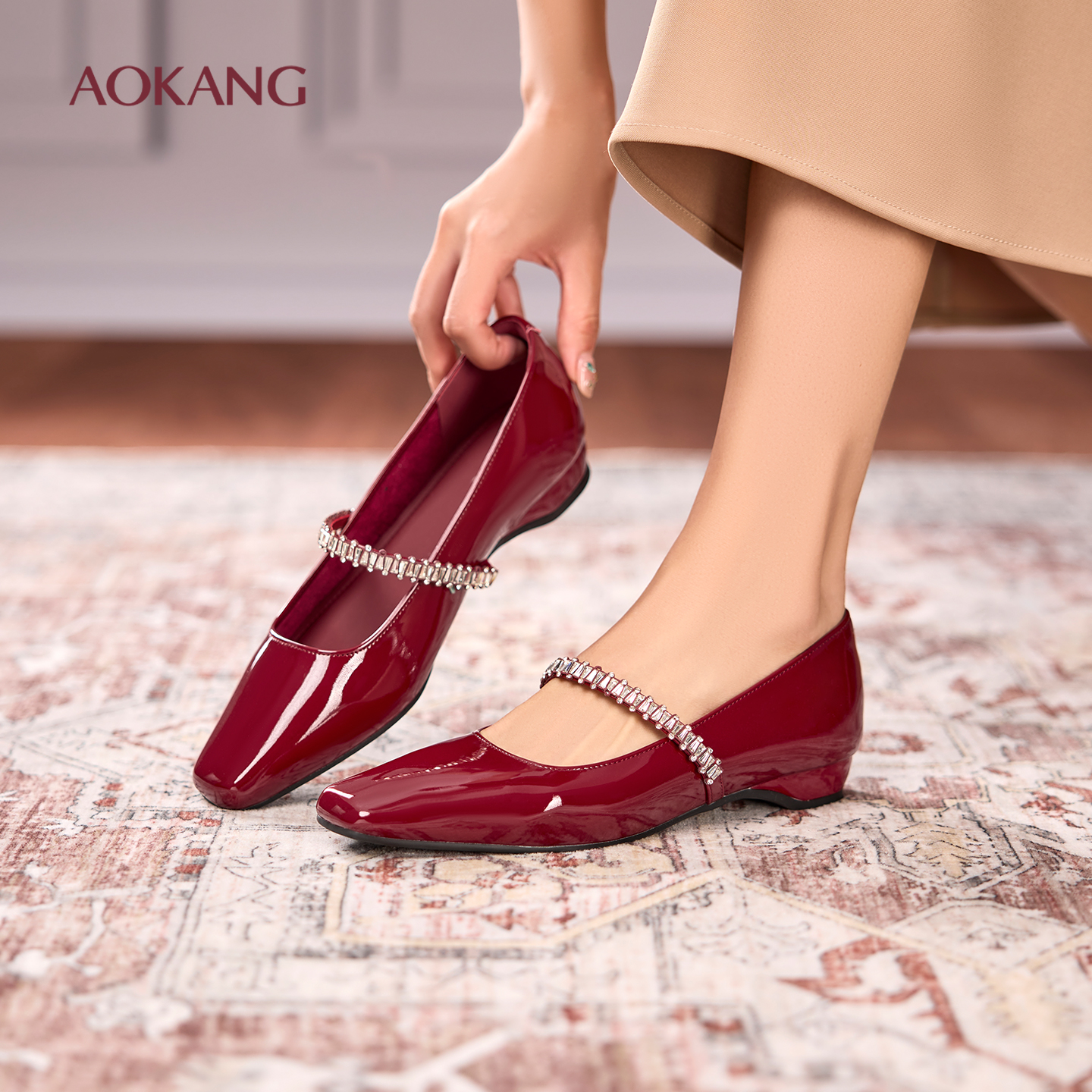 奥康 女鞋2025秋季新款玛丽珍鞋女法式配裙子平底鞋一字带单鞋