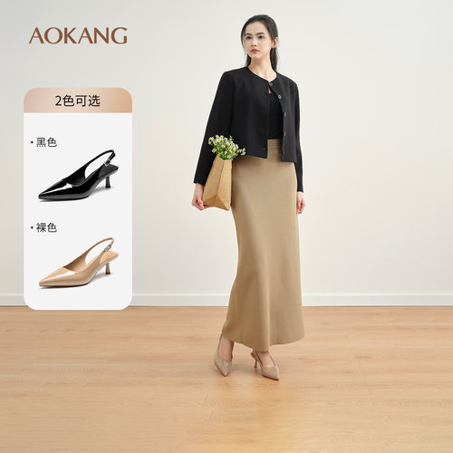 奥康 女鞋春秋穆勒鞋气质小尖头亮面漆皮优雅后空凉鞋细高跟鞋