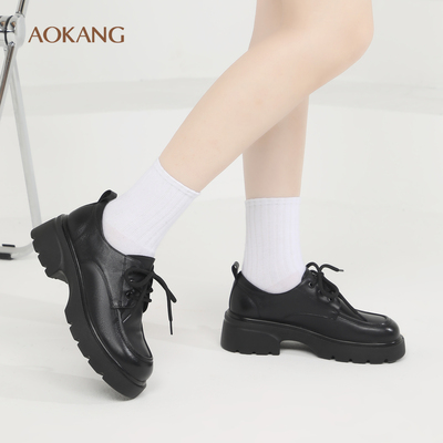 奥康 女鞋2025新款冬季真皮厚底百搭英伦风系带小皮鞋复古乐福鞋L