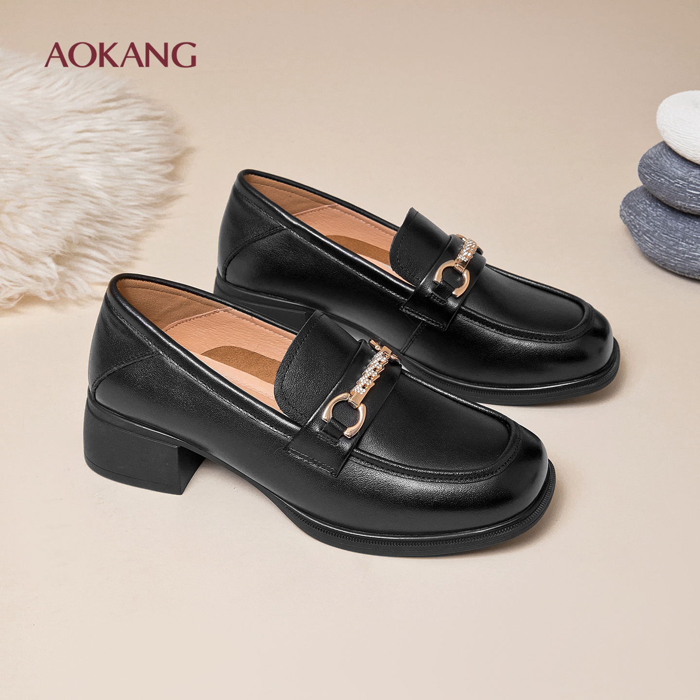 奥康 女鞋2025秋季新款乐福鞋真皮粗跟皮鞋厚底百搭休闲深口单鞋N