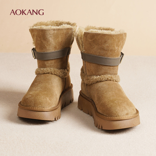 新款 雪地靴女冬季 加绒保暖中帮棉靴旅游东北加厚女棉靴L 女鞋 奥康