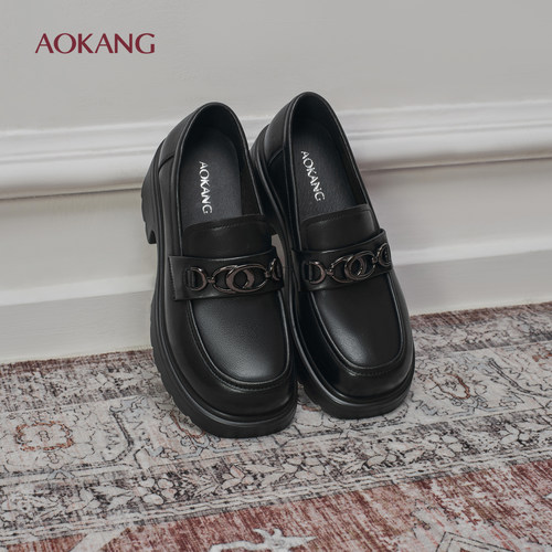 奥康 女鞋2025秋季增高厚底乐福鞋女款真皮英伦单鞋门店发货