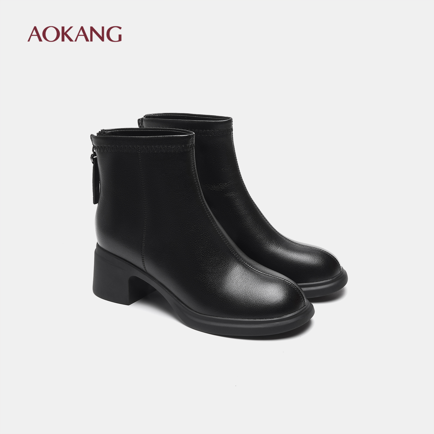 奥康 女鞋冬季加绒保暖软皮瘦瘦靴粗跟时装靴短靴靴子