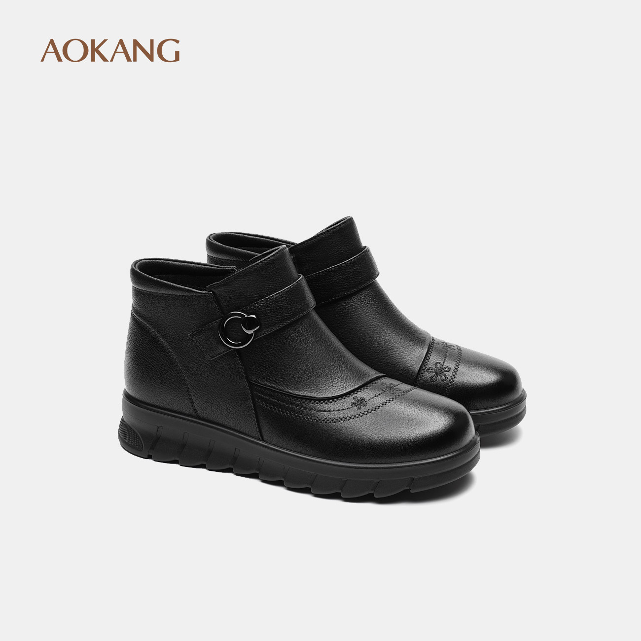 奥康 女鞋冬季真皮舒适加绒保暖棉鞋防滑妈妈靴门店发货