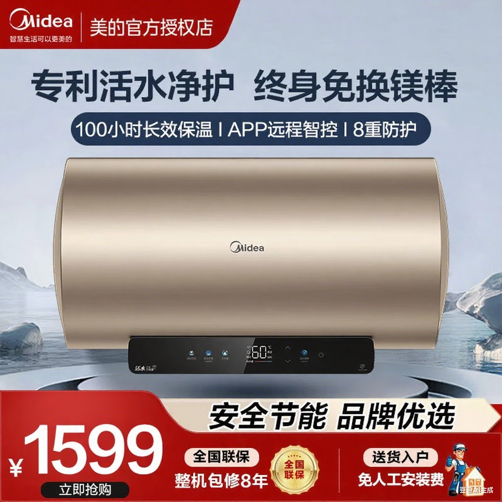 美的活水RW3A电热水器家用洗澡速热节能60升卫生间智能储水式80L