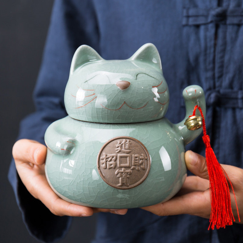 招财猫哥窑茶叶罐陶瓷密封罐大号粗陶存储罐普洱茶大码装茶叶罐