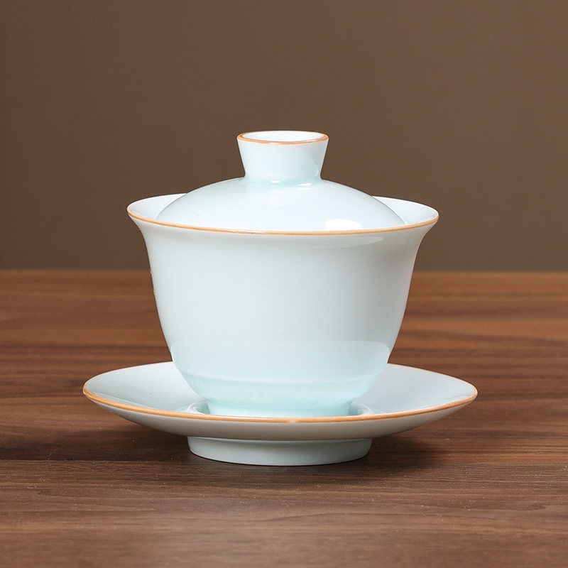 洞藏楼青瓷三才盖碗 影青茶杯碗功夫茶具泡茶碗 家用八宝碗敬茶碗