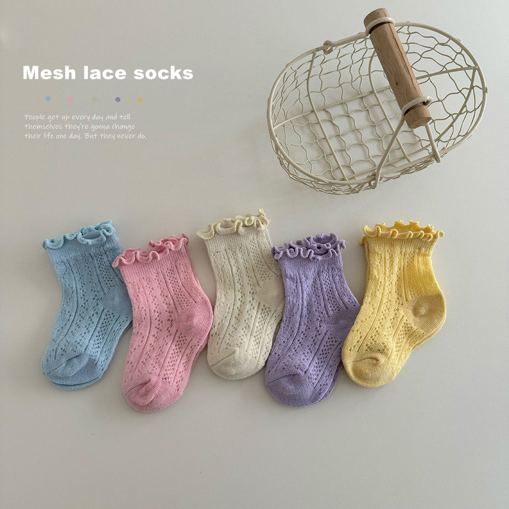 春夏季女童木耳边糖果色网眼薄款袜子夏天儿童纯色公主透气中筒袜