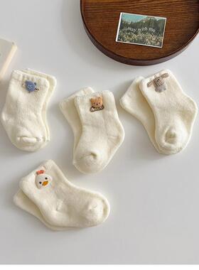 宝宝袜子秋冬季毛圈加厚款棉袜0-6月婴儿保暖不勒可爱中筒冬天