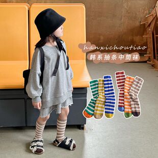 儿童条纹袜子春秋男女宝宝日系运动学院风小腿中筒袜秋百搭堆堆袜