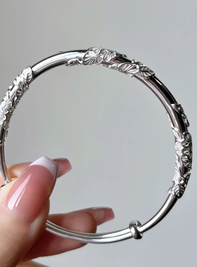 银手镯s999繁花手镯女实心民族风