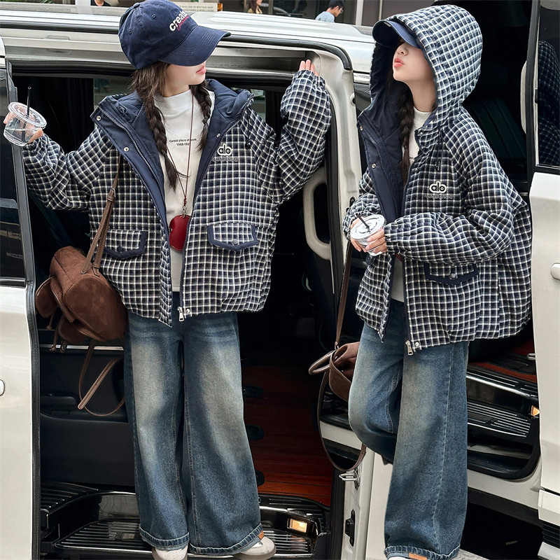 女童加棉加厚外套冬装外套2026新款儿童韩版洋气棉服女童格子外套