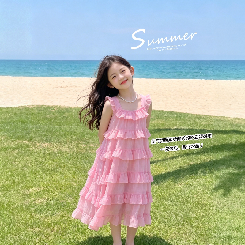 女童巨好看连衣裙女孩夏季绝美公主裙子高级感粉色蛋糕裙儿童夏裙