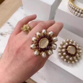 中古vintage法国设计师Goo sens巴洛克珍珠石榴石戒指开口指环女