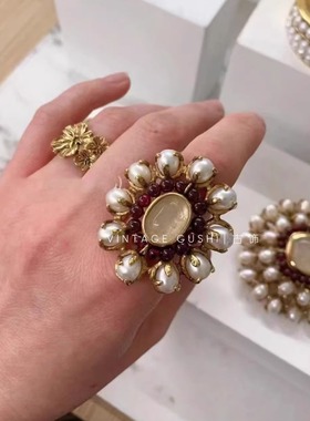 中古vintage法国设计师Goo*sens巴洛克珍珠石榴石戒指开口指环女