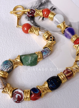 中古vintage复古铜镀金彩色天然石陶瓷拼接项链欧美小众锁骨链女