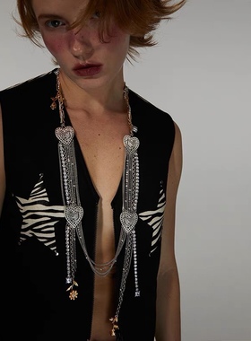 欧美小众设计感回忆系列金银色镂空爱心流苏个性街拍项链烟花耳夹