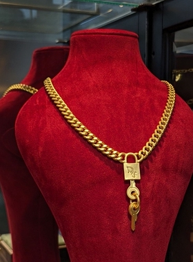 欧美中古vintage复古金色钥匙锁吊坠链条项链ins百搭古巴颈链男女