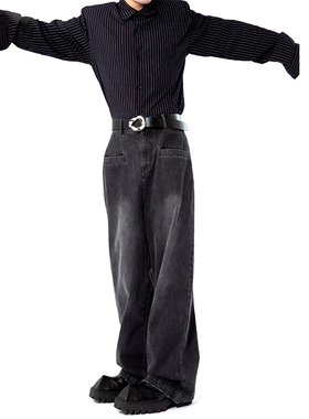 [GINGER MI]FEAR4FREE原创宽松做旧磨边复古男女阔腿直筒牛仔裤