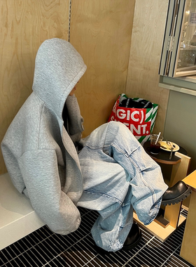 [GINGER]Huit Secondes空气层廓形休闲灰色连帽双拉链卫衣外套