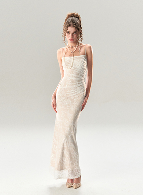 [GINGER]4muggle原创白色蕾丝鱼尾连衣裙高腰显瘦辣妹长裙宴会裙