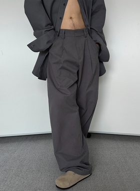 [GINGER MI]Babesochill炭灰色打褶休闲裤克制的松弛感阔腿长裤