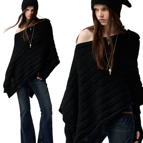 4muggle黑色棒针针织斗篷