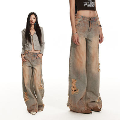 4muggle擦脏阔腿高腰牛仔裤