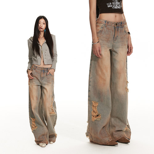 4muggle擦脏阔腿高腰牛仔裤