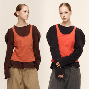 撞色宽松背心两件套宽肩长袖 复古泡泡袖 COZYDOLL美式 T恤 GINGER