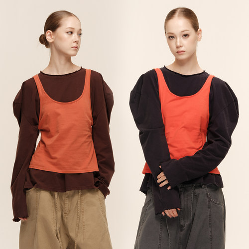 COZYDOLL美式复古泡泡袖撞色T恤