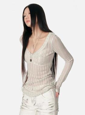 [GINGER]4muggle早春坑条针织V领打底衫双色基础百搭长袖上衣女