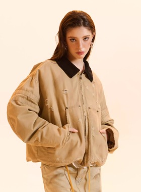 [GINGER]Cozydoll撞色翻领90白鸭绒复古脏染口袋廓形派克服羽绒服