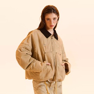 Cozydoll撞色翻领90白鸭绒复古脏染口袋廓形派克服羽绒服 GINGER