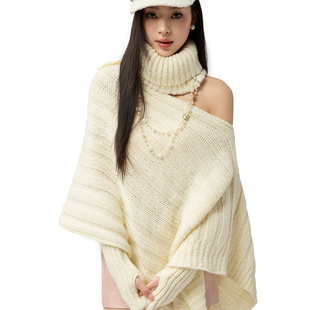 4muggle刚柔物语白色棒针针织斗篷毛衣露肩上衣女 GINGER